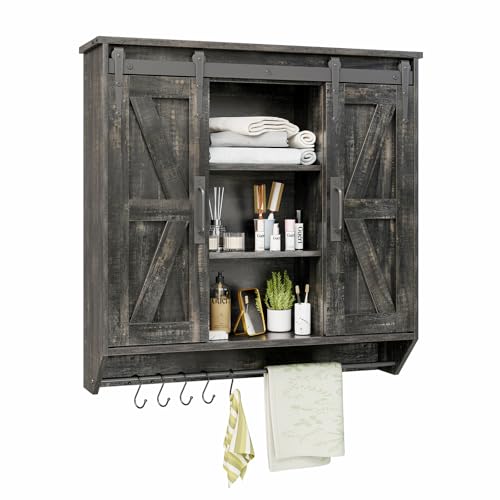 Farmhouse-Medicine-Cabinet-2-Sliding-Barn-Doors-3-Tier-Rustic-Wood-Wall-Storage-Cabinet-Adjustable-Shelf-Towel-Bar-Wall-Mounted-Bathroom-Wall-Cabinet-Dark-Rustic-Oak-3071-Inch Farmhouse Medicine Cabinet 2 Sliding Barn Doors 3 Tier Rustic Wood Wall Storage Cabinet Adjustable Shelf Towel Bar Wall Mounted Bathroom Wall Cabinet Dark Rustic Oak 3071 Inch