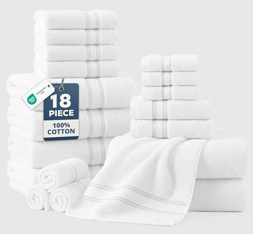 Image of Lane Linen 100% Mercerized Cotton Luxury Bathroom Towel Set - 18 Pcs - Super Soft, Fluffy & Highly Absorbent - 6 Bath Towels, 6 Washcloths, 6 Hand Towels - Complete Family Pack - White Bath Towel Set