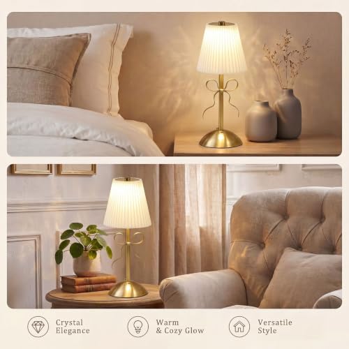 Image of Liliful 2 Pcs Cordless Table Lamp Rechargeable Touch LED Small Gold Portable Battery Operated USB-c Desk Lamp 3 Color Dimmable for Bedroom Living Room Dining (Gold,Beige Cloth Style Bow)