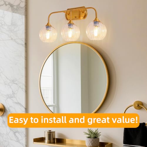 Image of MantoLite 3-Light Vintage Bathroom Vanity Light, Glass Shade Wall Lamp | Ribbed Clear Glass Bathroom Light Fixtures,Bathroom Wall Lamp for Mirror Kitchen Living Room Antique Bronze(Bulb excluded)