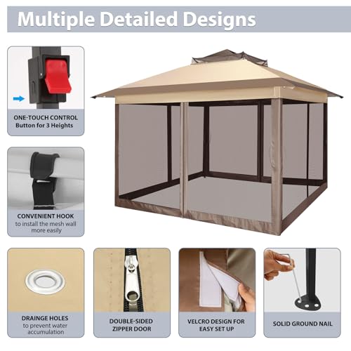 Image of COBIZI Pop Up Gazebo 12x12 Canopy Tent, Outdoor Screened Gazebo Shelter with Mosquito Net,Carpas para Patio, Shade for Lawn, Garden, Backyard and Deck, Brown(Upgraded 2.0)