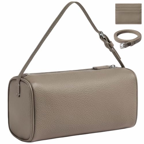 Genuine Leather Barrel Bag with Addiional Adjustable Strap Calfskin Hobo Bags Inner Sheepskin Crossbody Purse with ID Holder (Grey)