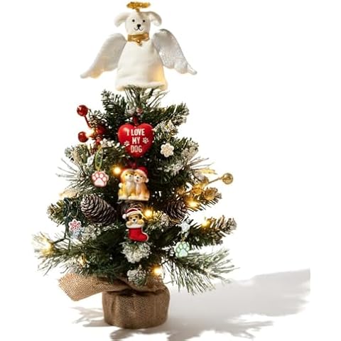 Faux Christmas Tree 14″ with Lights and Dog Angel Tree Topper – Includes 7-Piece Dog Ornament Set, Battery-Operated LED Lights, Flocking, Red Berries & Pinecones Cover