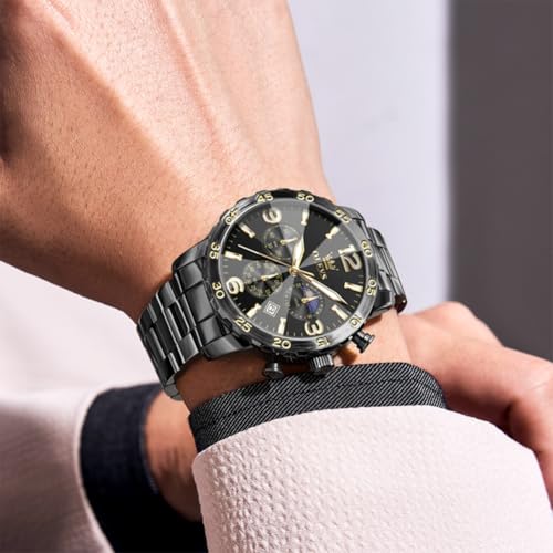 Image of OLEVS Men's Watches Luxury Chronograph Waterproof Dress Business Quartz Analog Stainless Steel Multifunction Fashion Watches with Date, Sun-noon Phase Big Dial 44mm, Luminous Hands Scales