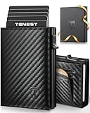 TENBST Porte Carte | Portefeuille en Cuir Carbone Bloquant RFID | Etui Carte Bancaire Anti Piratage | Porte Monnaie avec Billets et Poche | Cadeau - Noir
