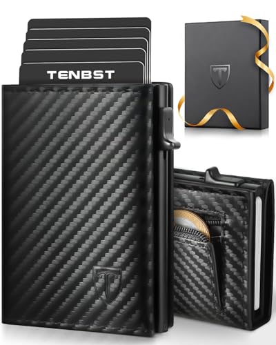 TENBST Geldbörse Herren | Slim Wallet mit Münzfach & RFID-Schutz | Portmonee Herren | Mini Kartenetui Kartenhalter | Brieftasche Geldbeutel und Geschenkbox | Carbon-Schwarz