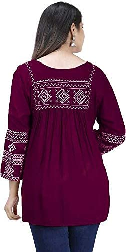 Image of Shiva Fab Short Kurti for Women | Embroidered Straight Rayon Kurta | Round Neck Full Sleeves Short Kurti for Women's (Small, Wine)