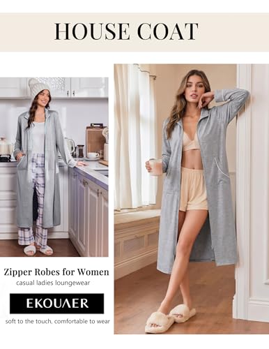 Image of Ekouaer Zipper Robes for Women Long Sleeve Lightweight House Coats with Pockets Zip Up Bathrobe Loungewear S-3XL