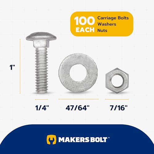 Image of 1 /4 inch x 1 inch (100 Pack) Galvanized Carriage Bolt Kit Grade 307A Includes 1 /4 inch USS Flat Washers (100 pcs) and 1 /4 inch-20 Hex Nuts (100 pcs), Hot Dip Galvanized for Exterior Use by Makers Bolt