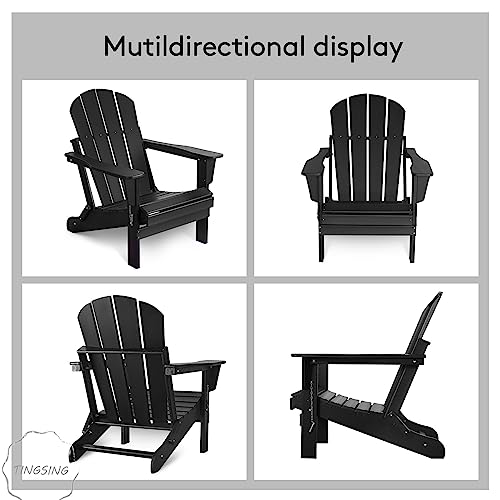 Tingsing Folding Adirondack Chairs, Weather Resistant Poly Lumber Lounge Chairs For Garden, Deck, Beach, Backyard & Patio Furniture With Easy Maintenance & Classic Design. Black #TOP2