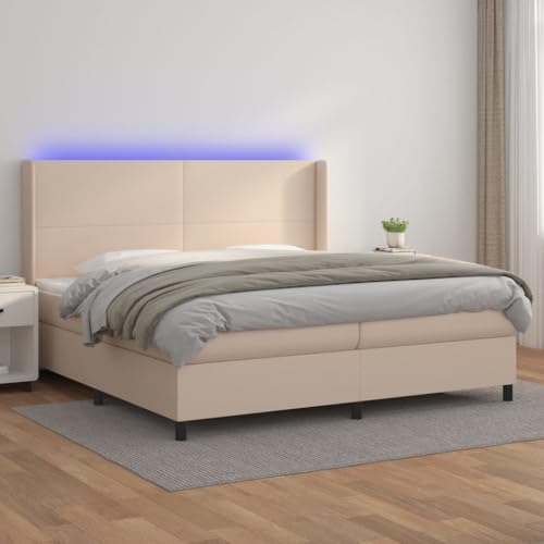 KLYEON Cama Box Spring colchón LED Cuero sintético Capuchino 200x200cm,Moderna Cama Tipo Box Spring con Colchón, Luces LED y Cabecero Ajustable Camas y somieres