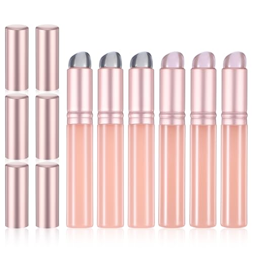 TIESOME 6 Pcs Silicone Lip Brush Round Head Lip Makeup Applicator for Lipstick & Lips Mask Reusable Silicone Lips Applicator with Lids Easy Clean Portable (Gray Pink)