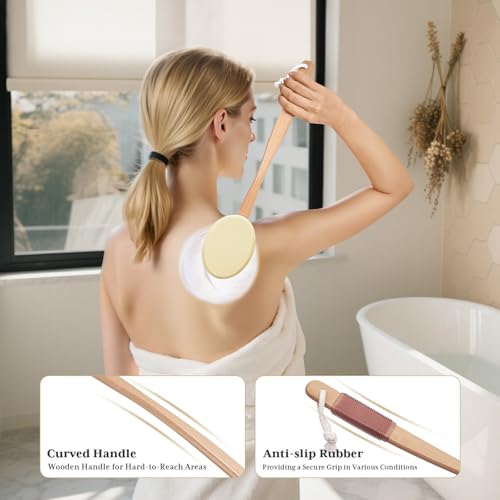 Image of AmazerBath Lotion Applicator for Back, Feet, 4 Replacement Pads with 17 inch Curved Handle, Back Sunscreen Applicator for Kids, Elderly, Apply Skin Cream Medicine Moisturizer Tanner, Light Beige Yellow