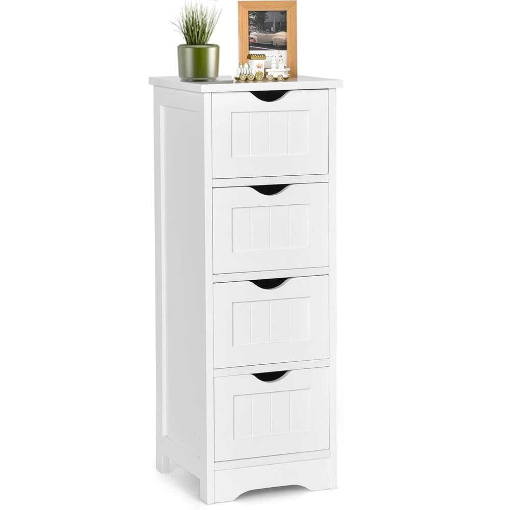 BAKAJI Cassettiera Armadietto Armadio da Appoggio 4 Cassetti Rimovibili in Legno MDF Bianco Linea Shabby Salvaspazio da Bagno Camera Stanza