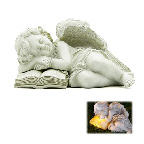 Statue du Jardin des Anges, Statue Jardin Exterieur Solaire en Résine Figurine Ange Gardien Endormi avec Lampes Solaires LED Ornements D'ange Funéraire...