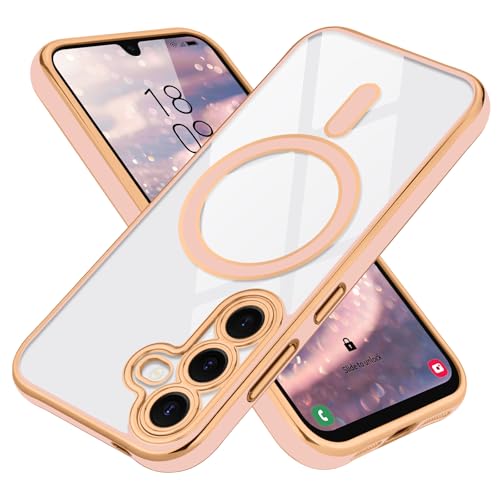 LCHULLE Magnetic for Samsung Galaxy A15 4G/5G Case [Compatible with MagSafe] Full Camera Lens Protector Luxury Plating Soft Clear Silicone Cover for Women Men Shockproof Phone Case, Baby Pink