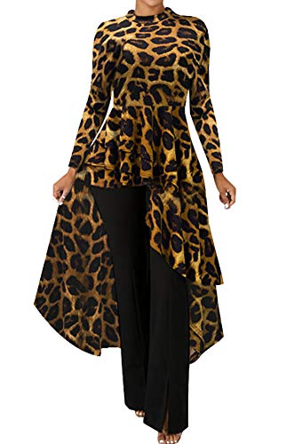 ECHOINE Womens Dress for Wedding Guest - Elegant High Low Long Sleeve Leopard Print Dress Tunic Top