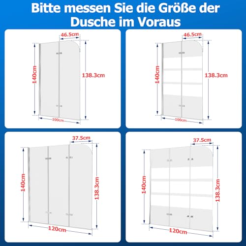 Jiubiaz Duschwand für Badewanne 100x140cm, 2 Teilige Faltbare Glas Duschtrennwand aus 6mm Sicherheitsglas (EGS), Badewannenaufsatz, Silber Transparent