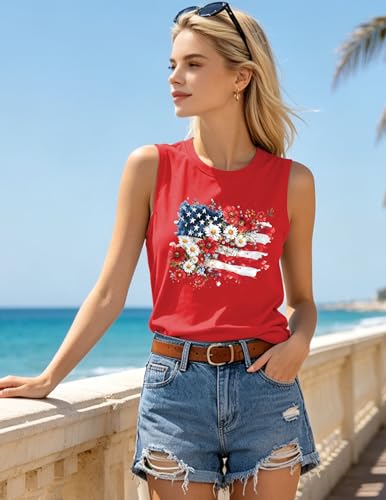Image of 4th of July Floral American Flag Tank Top for Women Patriotic Sleeveless Apparel