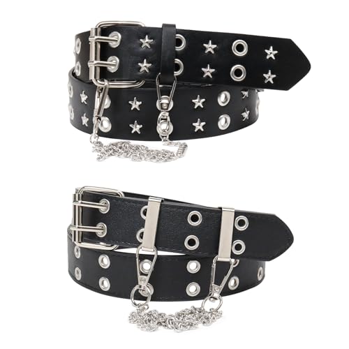 Studded Belt, Y2K Belt with Chain Star Belt Black Belt Women Goth Belt Punk Double Grommet Belt for Women Men