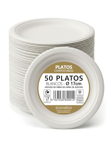 Econativo Platos Desechables 17 cm de Fibra de Caña de Azúcar – Pack 50 Unidades – Compostables, Resistentes y Ecológicos – Vajilla para Postres, Aperitivos y Uso Diario