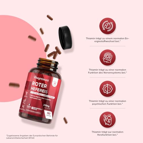 Roter Hefereis - 290mg pro Kapseln - 6 Monate Vorrat - Monacolin K mit CoQ10 (Ubichinon) & Vitamin B1 (Thiaminhydrochlorid) - 180 vegan Capsules - Red Yeast Rice - WeightWorld