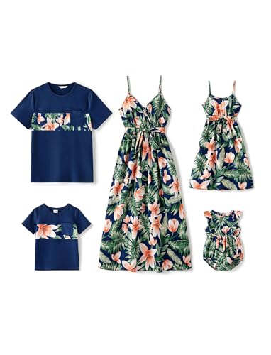 Image of PATPAT Family Matching Outfits Mommy and Me Dresses Hawaiian Tropical Vacation Beach Spaghetti Strap Dress and Shirt