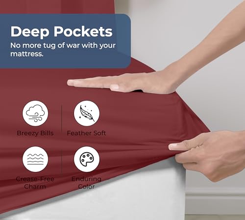 Image of Royale Linens 100% Organic Cotton Fitted Sheet - Percale Weave - Super Soft Deep Pocket Bottom Sheets - Elastic Sheet King Size - King Fitted Sheets Only - (78 inchx80 inch+15 inch, Red)