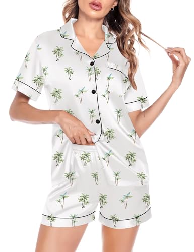 Image of SWOMOG Satin Matching Pajamas Sets Couple Silk Button Down Nightwear Women & Men Short Sleeve Sleepwear 2 Pieces Loungewear