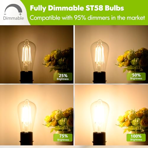 Image of Kondras Dimmable LED Bulbs, 7W 850Lumens High Brightness, 60W Incandescent Equivalent Bulbs, 3000K Soft White, ST58 Antique Filament Light Bulbs, E26 Base, Clear Glass, Vintage Bulbs for Home, 6-Pack
