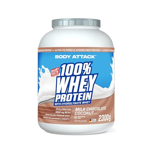 Body Attack 100% Whey Protein Milk Chocolate Coconut, 2,3 kg - Made in Germany - extra cremiges Eiweißpulver mit Hydrolysat und BCAA´s, unterstützt Muskelaufbau und Diäten, für Sportler & Athleten