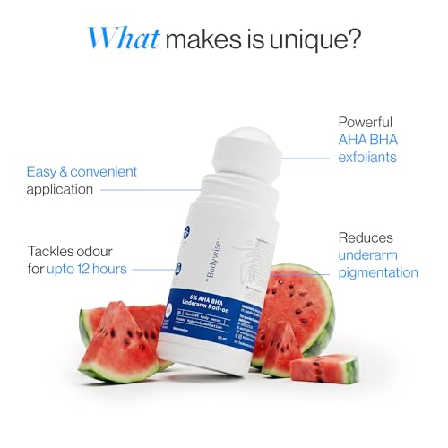 Image of Be Bodywise 6% AHA BHA Underarm Roll On Deodorant, 50ml | 1% Mandelic, 4% Lactic, 1% Salicylic Acid | Prevents Body Odour & Fades Pigmentation for Even Tone Skin | Alcohol & Aluminum Free | Watermelon