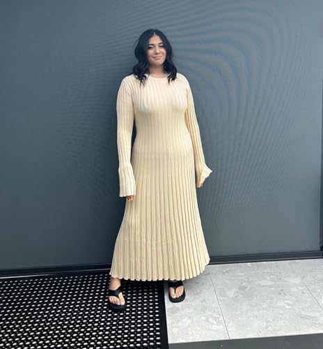 Image of Women's Long Sleeve Sweater Dress Ankle Length Fall Dress Vneck Knit Winter Dress