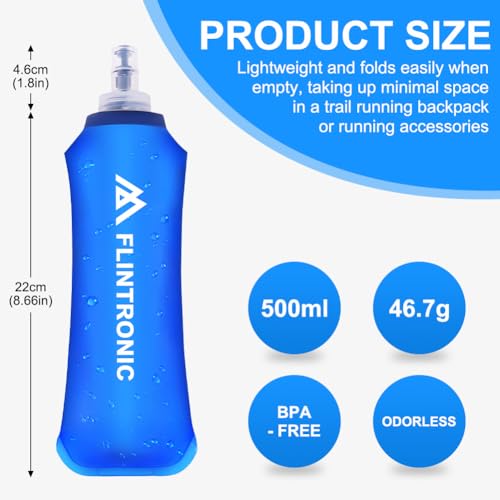 flintronic TPU Faltbarer Trinkflaschen, 2 Stück 500ml Soft Flask mit Handschlaufe und Karabiner, BPA-Frei Sportflasche für Trinkrucksack, Fahrrad, Wandern, Joggen,Camping und Klettern (Blau)