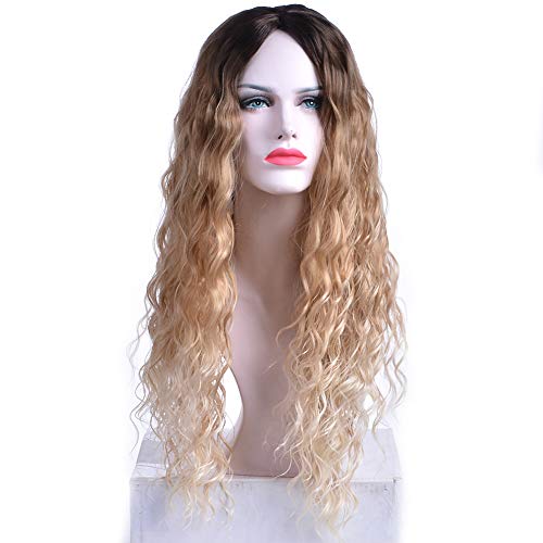 BERON Women’s 21’’ Curly Wavy Wig Dark Root Mix Blonde Wig Cosplay Costume Wig Full Synthetic Wigs Wig Cap Included