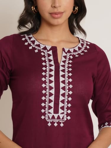 Image of Brownverse Pure Cotton Embroidered Women Short Kurti