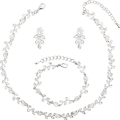 SFE Austrian Crystal Rhinestone Choker Necklace Dangle Earring Link Bracelet Jewelry Set for Brides Bridesmaid Prom Costume Accessories for Women (White-Platinum Plated)