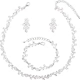 SFE Austrian Crystal Rhinestone Choker Necklace Dangle Earring Link Bracelet Jewelry Set for Brides