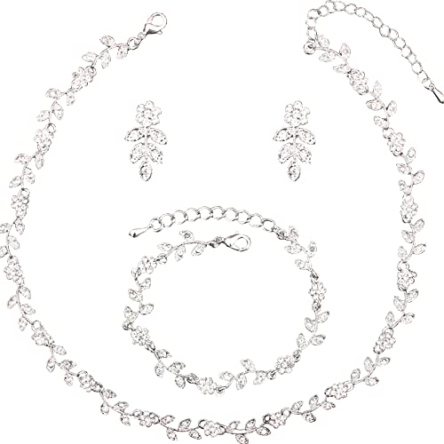 Sfe Austrian Crystal Rhinestone Choker Necklace Dangle Earring Link Bracelet Jewelry Set For Brides Bridesmaid Prom Costume Accessories For Women (White-Platinum Plated) #TOP3