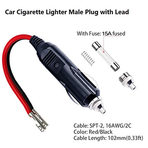 plugs into cigarette lighter 12V 12volt Fused Replacement Male Plug with Leads in 15A fuse with a maximum load current of 15A AA Products P-SH-Cigarette Lighter Extension