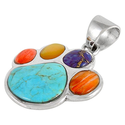 Dog Paw Pendant Necklace 925 Sterling Silver Genuine Turquoise & Gemstones (20", Multi) #TOP2