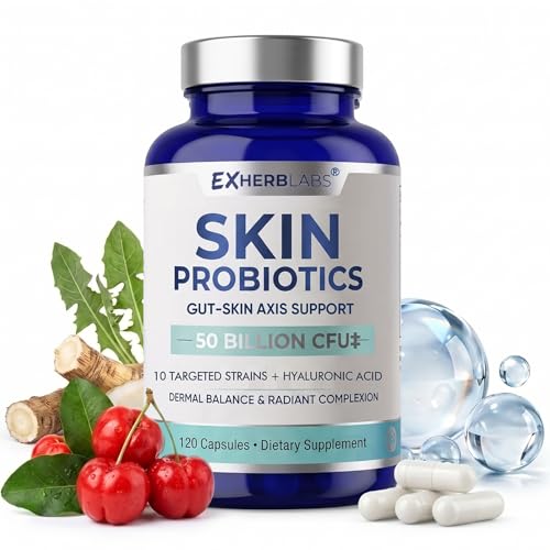 EXHERBLABS Skin Probiotics Supplement Daily Probiotic for Gut-Skin Axis Support Promotes Clear and Radiant Complexion 120 Capsules