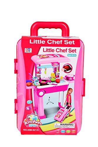 Little Laughs Little Chef 2 in 1 Kitchen Play Set, Pretend Play Trolly Kitchen Kit for Kids with Suitcase Trolley Carrycase with Sound - Accessories Included