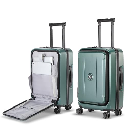 Pirtecin Carry On Luggage with Front Pocket & USB Port, PC Hardside 20 Inch luggage with Spinner Wheels & Built-in TSA Lock, Durable Lightweight Rolling Suitcase, Green
