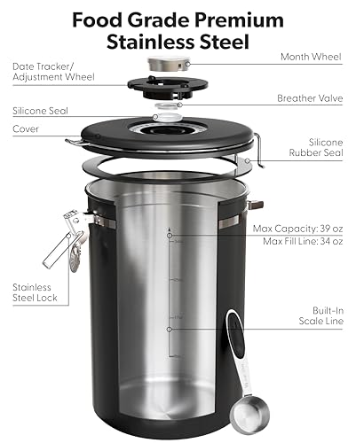 Image of Veken Coffee Canister with Window, 39OZ Large Airtight Stainless Steel Jars | Kitchen Food Storage Pantry Container for 2.2lbs Beans,Ground,Espresso,Rice,Tea,Sugar,Bar Accessories,Gifts,Lids, Scoop,Black