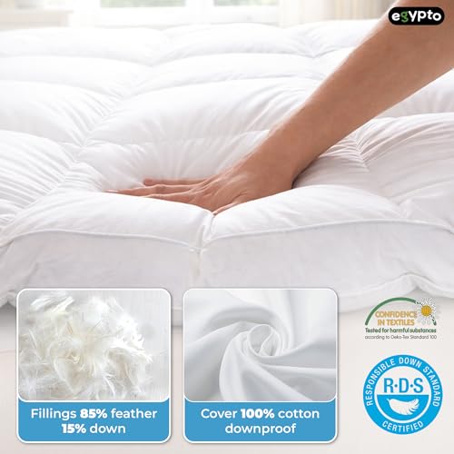 Plush Duck Feather & Down Mattress Topper Single Bed 18cm Thick | 85% Feather & 15% Down Fillings - Hypoallergenic, Breathable & Soft Down-Proof Cotton Cover - Mattress Topper Single Bed