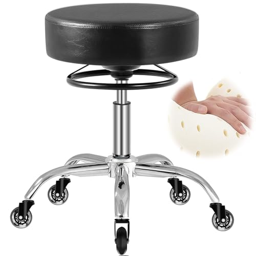 Mineloff Rolling Stool with Wheels 400lbs Weight Capacity,Heavy Duty Lash Chair Adjustable for Tatoo Lab Massage Salon Spa Drafting Nail Teach,360 Swivel,Leather,Thick Seat Padding (Black)