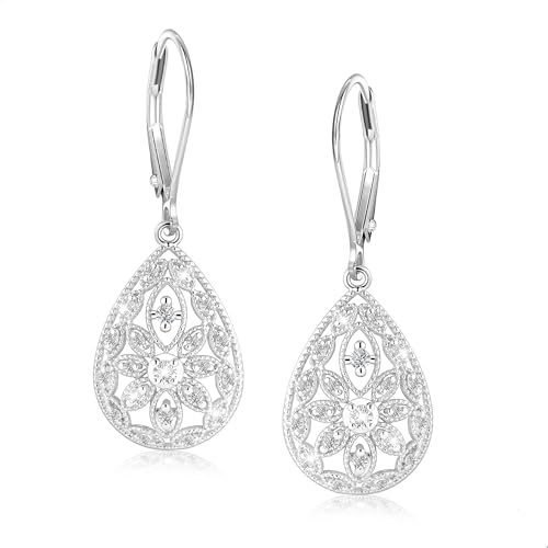 925 Sterling Silver Teardrop Dangle Earrings for Women Cubic Zirconia Leverback Filigree Drop Dangle Earrings Jewelry Hypoallergenic Silver Teardrop Filigree Earring for Gifts