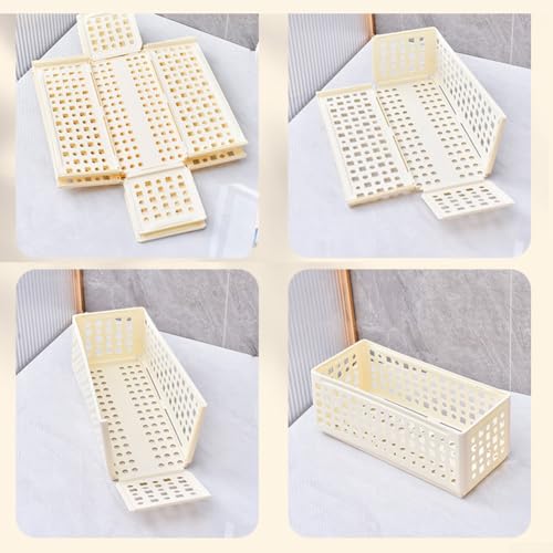 Cesta de almacenamiento plegable para uso en escritorio, caja organizadora de plástico con diseño apilable para aperitivos y suministros de oficina y gestión del espacio ordenado (blanco leche grande)