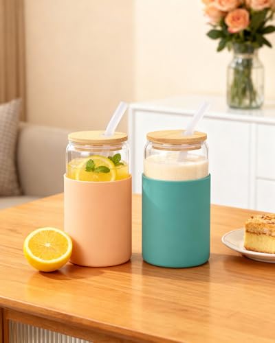 Image of Glass Cups with Lids and Straws, 2 Pack 16OZ Iced Coffee Cups with Silicone Sleeve, Glass Tumbler with Straw and Bamboo Lid, Home Essential Drinking Set for Juice, Cocktail and Latte Khaki&Green